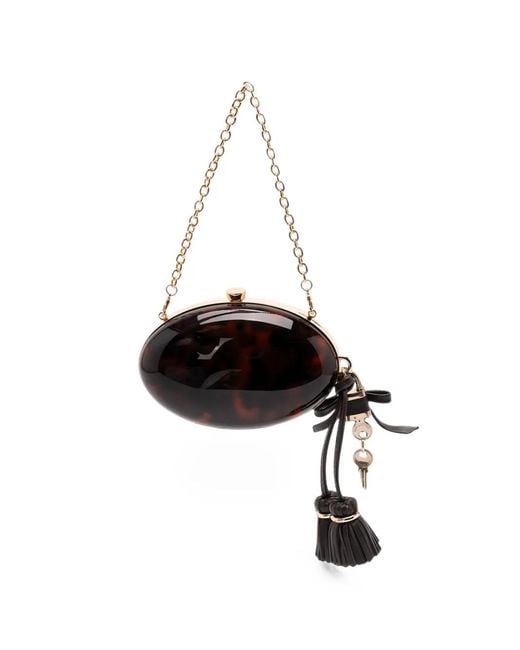 Self-Portrait Black Tortoiseshell-Effect Tassel-Detail Clutch Bag