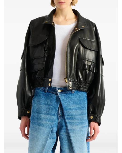 Balmain Black Multi-Pocket Leather Bomber Jacket