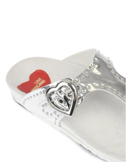 Love Moschino White Heart-Buckle Studded Thong Sandals