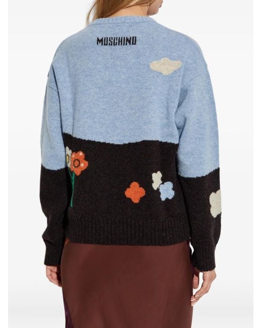 Moschino Blue Landscape-Print Wool Sweater