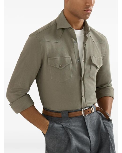 Brunello Cucinelli Green Cotton Piquè Western Shirt for men