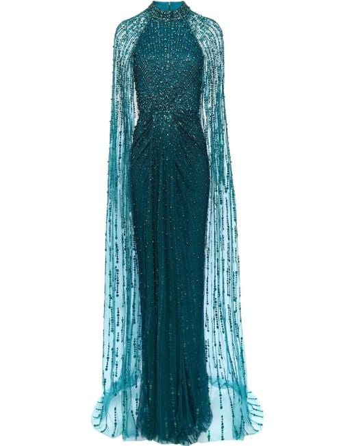 Jenny Packham Blue Cairo Sequined Caped Gown