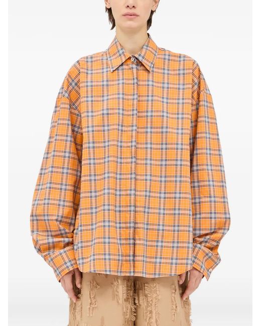 MSGM Orange Ruffled Check Shirt