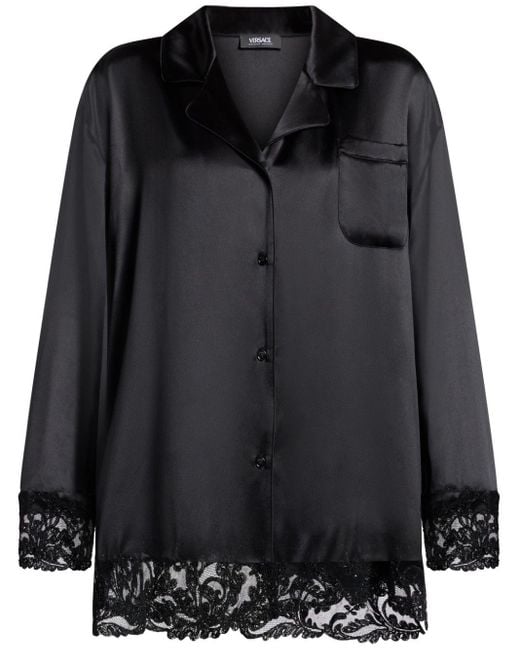 Versace Black Barocco Lace-trim Silk Shirt