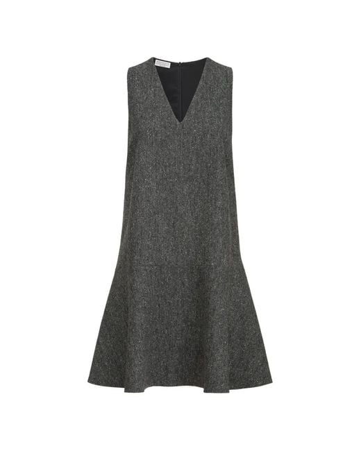Brunello Cucinelli Gray Virgin-Wool Donegal Mini Dress With Monili