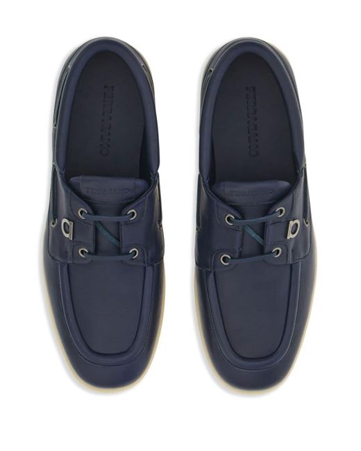 Ferragamo Blue Gancini Leather Boat Shoes for men