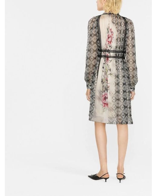 Alberta Ferretti Gray Geometric-Print Satin Dress