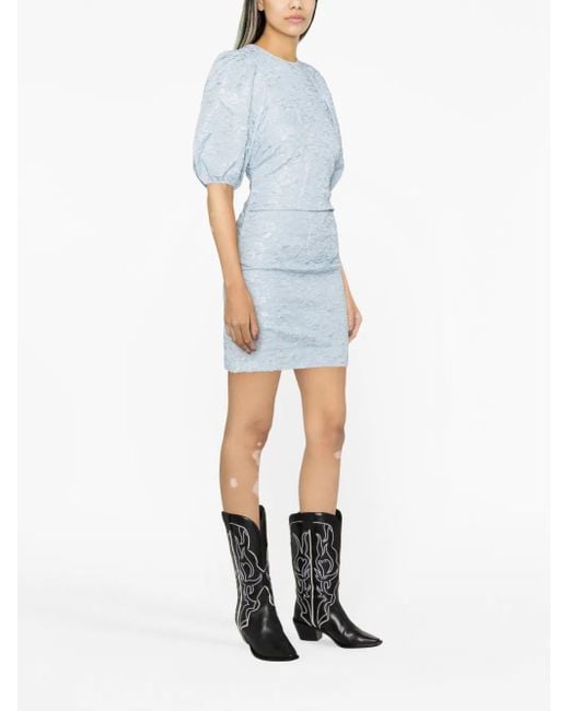 Ganni Blue Floral-Jacquard Puff-Sleeve Dress