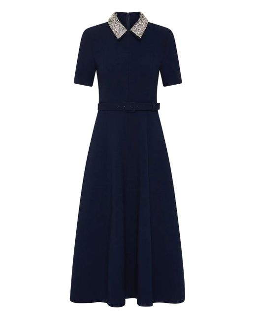 Rebecca Vallance Blue Embellished-Collar Belted Dress