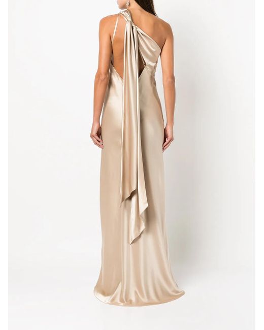 Michelle Mason Natural Side-Slit One-Shoulder Gown