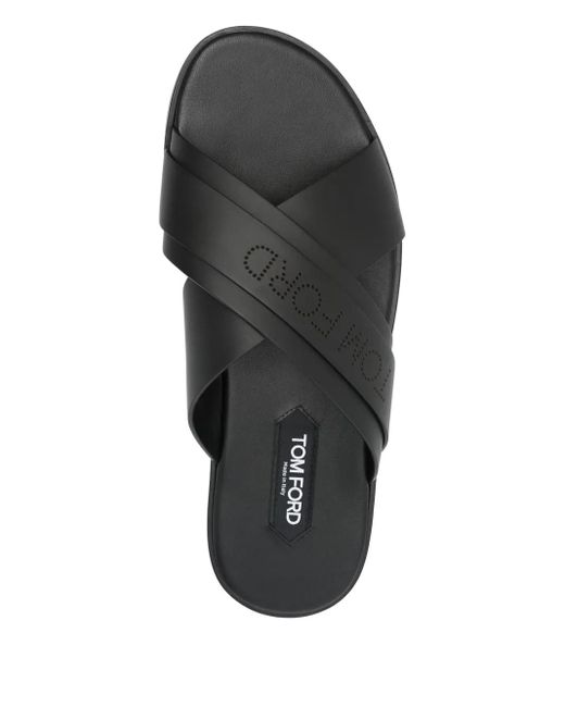 Tom Ford Black Preston Logo-Perforated Slides Shoes for men