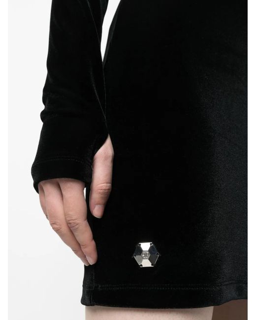 Philipp Plein Black Logo-Plaque Velvet Minidress