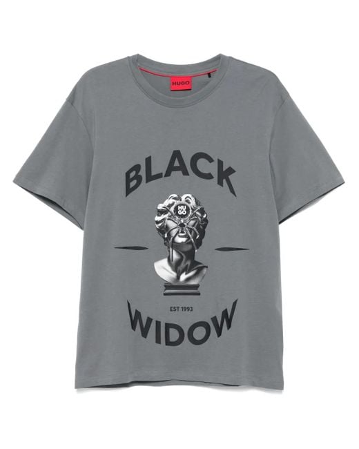 HUGO Gray Spider-Print Cotton T-Shirt for men
