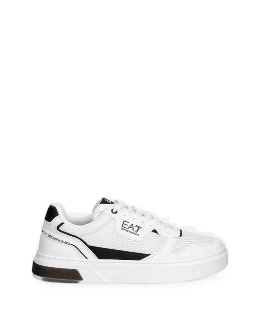 EA7 White Premium Court Logo-Print Sneakers