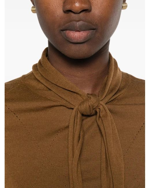 LAMRONS Brown Pussy-Bow Pointelle-Knit Sweater