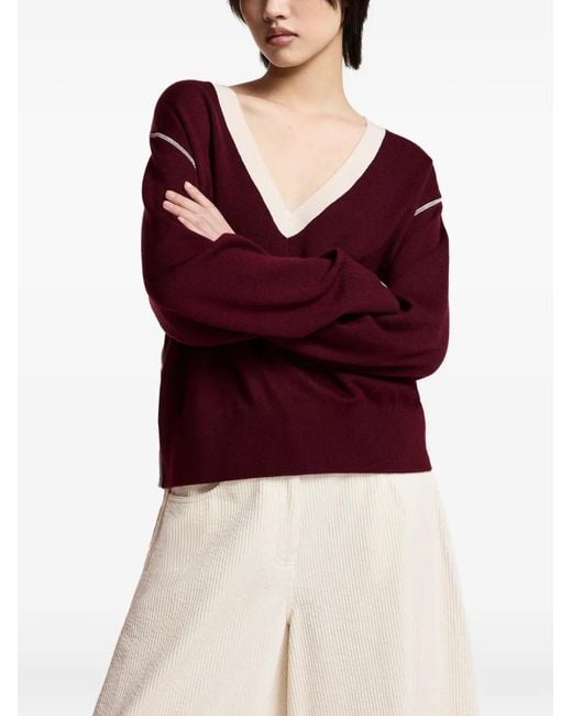 Essentiel Antwerp Red V-Neck Contrast-Trim T-Shirt