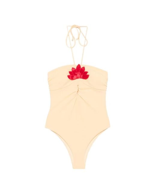 Farm Rio Pink Floral-Applique Halterneck Swimsuit
