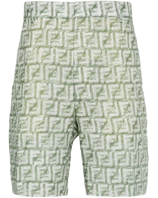Fendi Green Ff-Motif Linen Shorts for men
