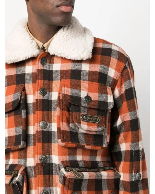 DSquared² Brown Check-Print Shearling Jacket for men