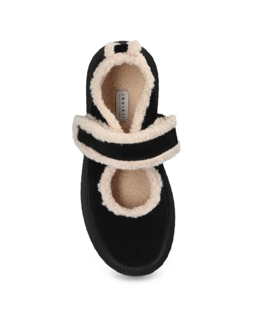 Inuikii Black Shearling-Trim Leather Ballet Flats