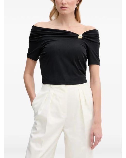 Guess Black Off-Shoulder Ribbed-Knit T-Shirt