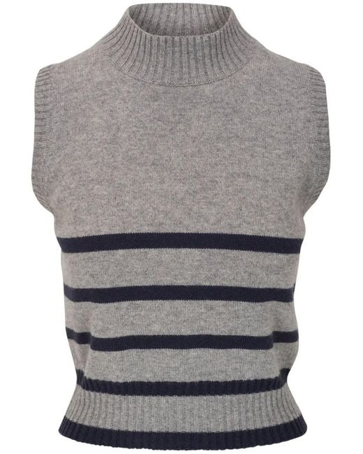 Brunello Cucinelli Gray Striped Sleeveless Cashmere Jumper
