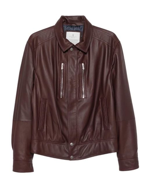 メンズ Brunello Cucinelli ジップアップ レザージャケット Brown
