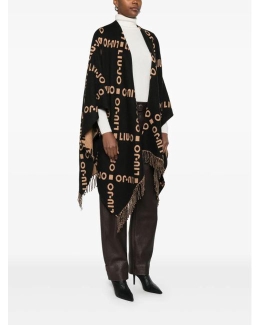 Liu Jo Black Logo-Pattern Fringed Cape