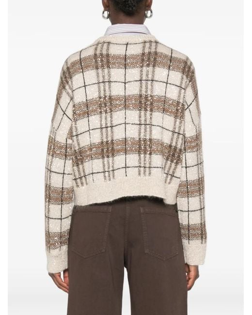 Brunello Cucinelli White Sequin-Embellished Checked Sweater