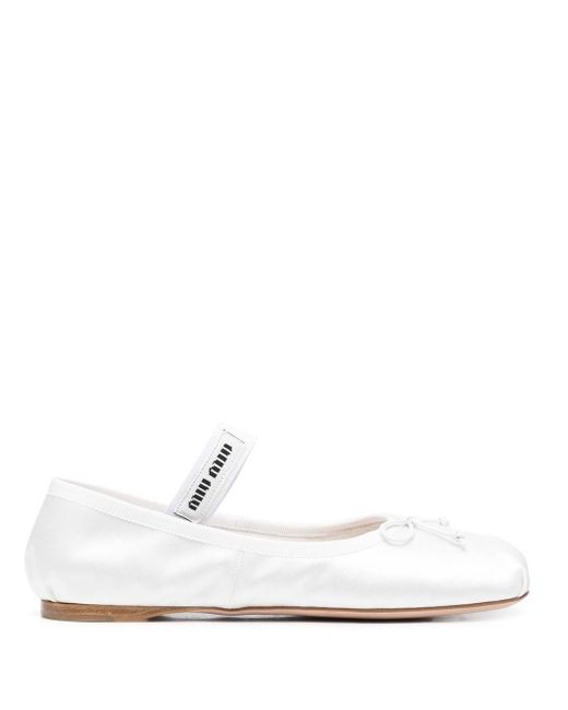 Miu Miu Leather Logo Strap Ballet Flats in White | Lyst