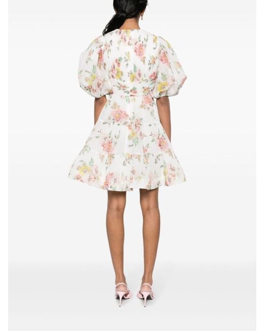 Zimmermann White Minidress With Puff Sleeves And Floral Print