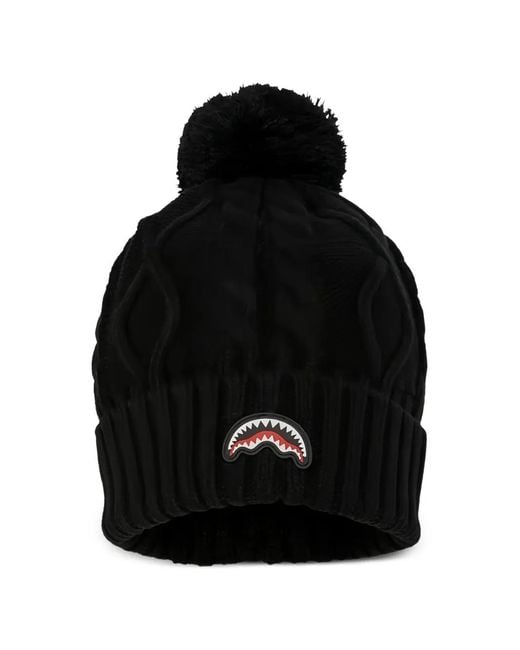 Sprayground Black Pom-Pom-Detail Beanie Hat for men