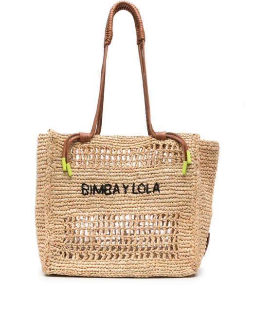 Bimba Y Lola Natural Logo-embroidered Raffia Shoulder Bag