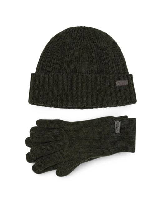 Barbour Black Ribbed Beanie Hat And Gloves Set for men