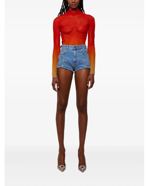 Mugler Red Ombre-Effect Mesh Top