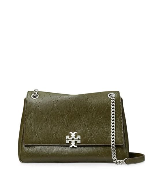 Tory Burch Green Medium Quilted Logo-Plaque Shoulder Bag