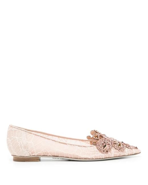 Rene Caovilla Pink Crystal-Embellished Lace Ballerina Shoes