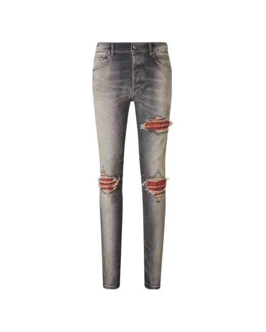 Amiri Gray Distressed Checked-Panel Jeans for men
