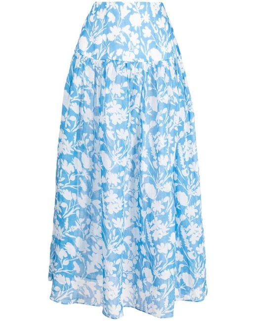 Bambah Blue Floral Catania Linen Midi Skirt