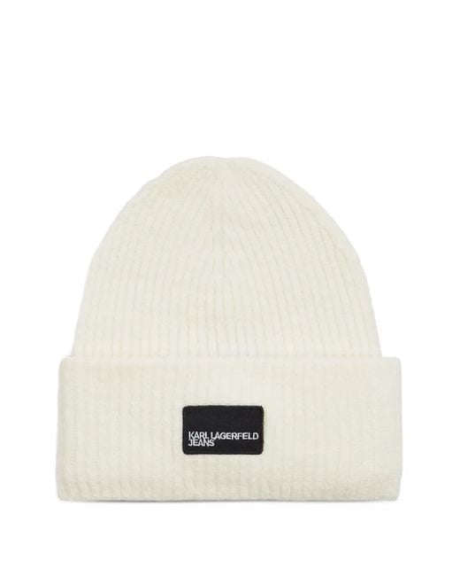 Karl Lagerfeld White Logo-Patch Ribbed Beanie