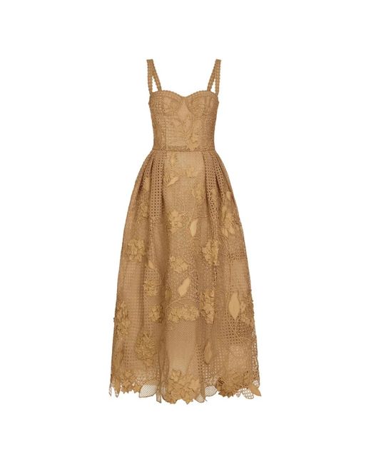 Oscar de la Renta Natural Flower-Appliqué Sleeveless Midi Dress