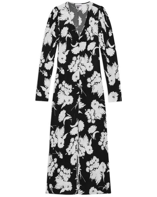 GANNI フローラルプリントロングスモックドレス Glacier Lake Blue Floral Printed Cotton Long Smock Dress