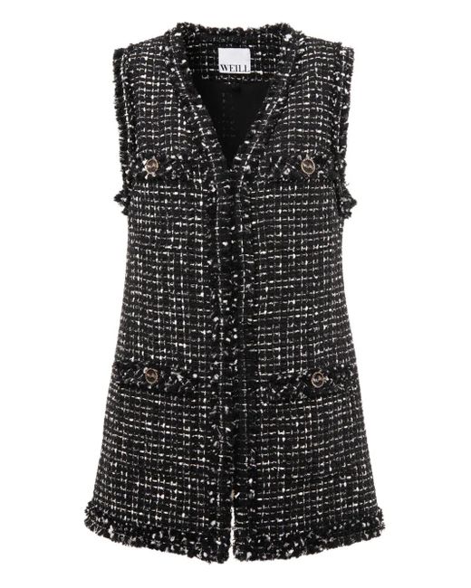 WEILL PARIS Black Fringed Tweed Sleeveless Jacket