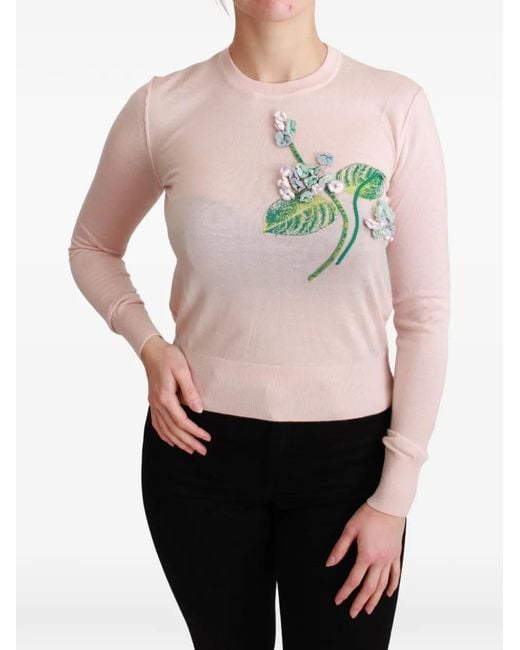 Dolce & Gabbana Pink Floral-Embroidered Cashmere Sweater