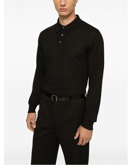 Dolce & Gabbana Black Logo-embroidered Cashmere Polo Shirt for men