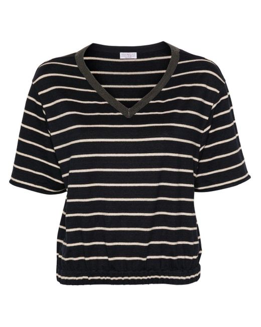 Brunello Cucinelli Black Striped V-neck T-shirt