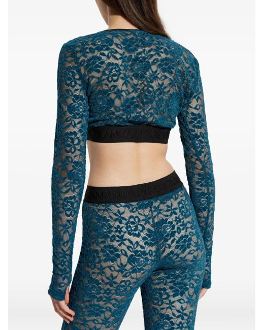 Versace Jeans Couture Blue Floral-Lace Cropped Top