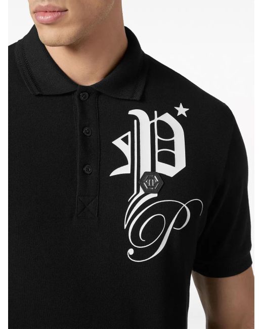 Philipp Plein Black Gothic Plein Cotton Polo Shirt for men