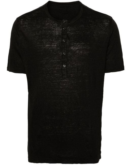 120% Lino Black Buttoned Linen T-shirt for men