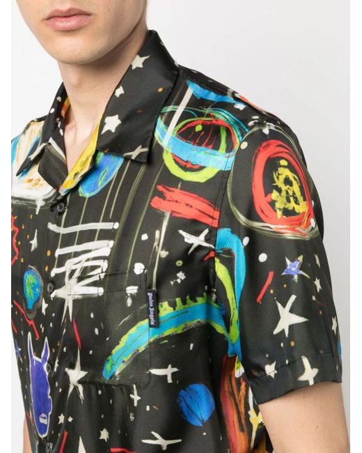 Palm Angels Blue Starry Night Cotton Bowling Shirt for men